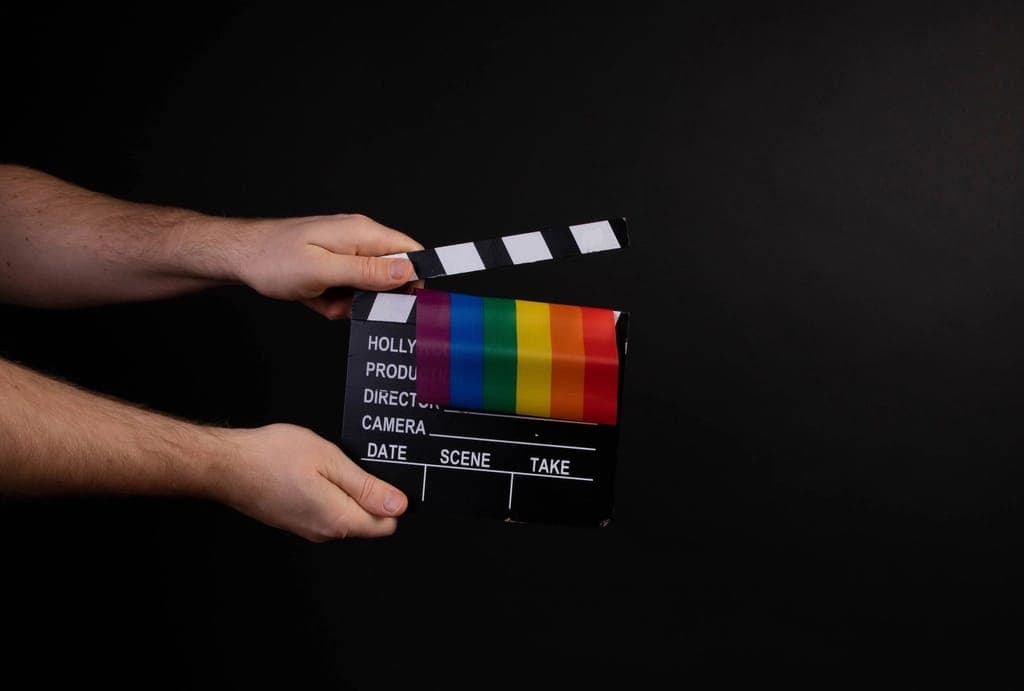 Clapperboard held up before a take